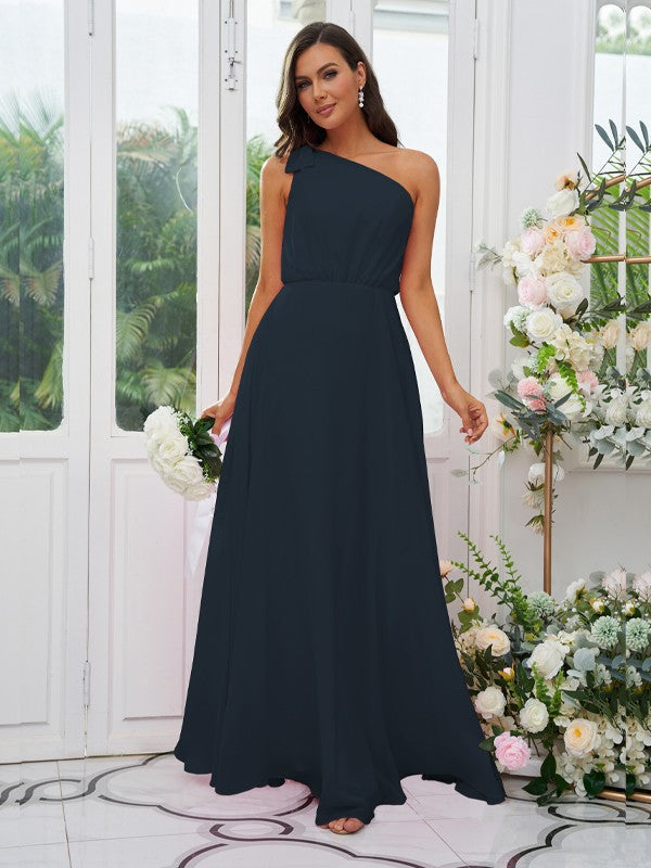 A-Line/Princess Chiffon Bowknot One-Shoulder Sleeveless Floor-Length Bridesmaid Dresses Evening Dress