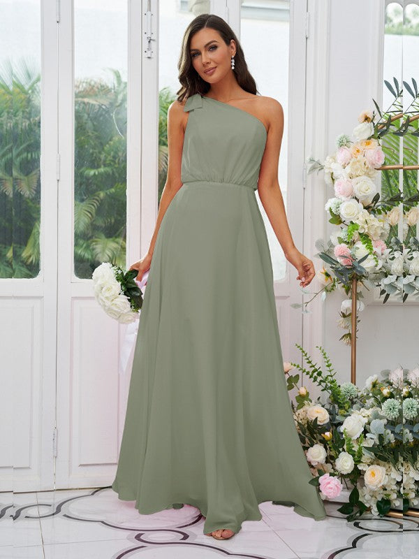 A-Line/Princess Chiffon Bowknot One-Shoulder Sleeveless Floor-Length Bridesmaid Dresses Evening Dress