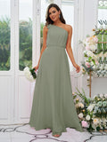 A-Line/Princess Chiffon Bowknot One-Shoulder Sleeveless Floor-Length Bridesmaid Dresses Evening Dress