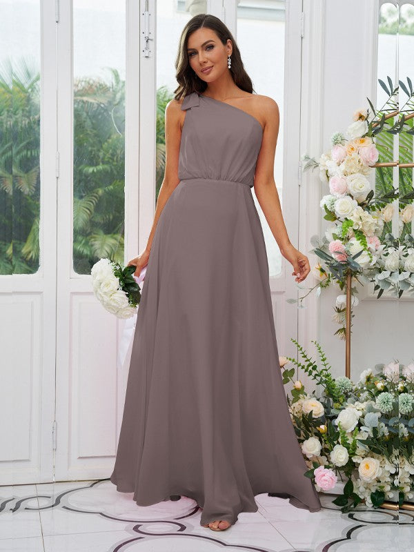 A-Line/Princess Chiffon Bowknot One-Shoulder Sleeveless Floor-Length Bridesmaid Dresses Evening Dress