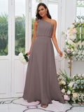 A-Line/Princess Chiffon Bowknot One-Shoulder Sleeveless Floor-Length Bridesmaid Dresses Evening Dress