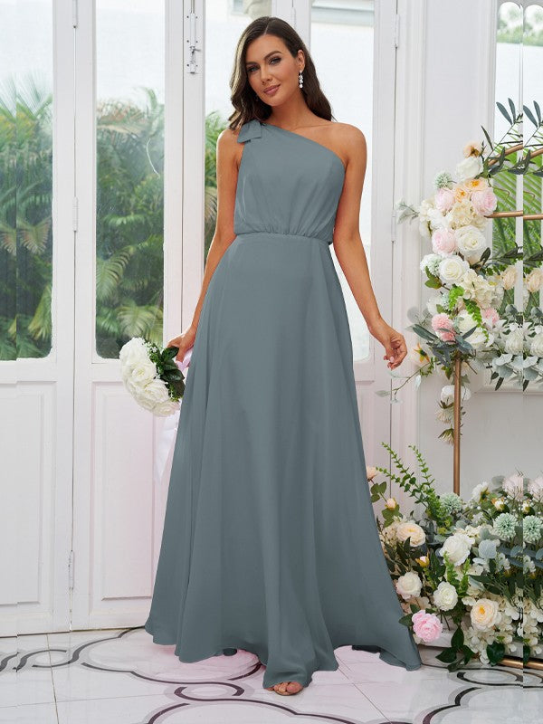 A-Line/Princess Chiffon Bowknot One-Shoulder Sleeveless Floor-Length Bridesmaid Dresses Evening Dress