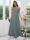 A-Line/Princess Chiffon Bowknot One-Shoulder Sleeveless Floor-Length Bridesmaid Dresses Evening Dress