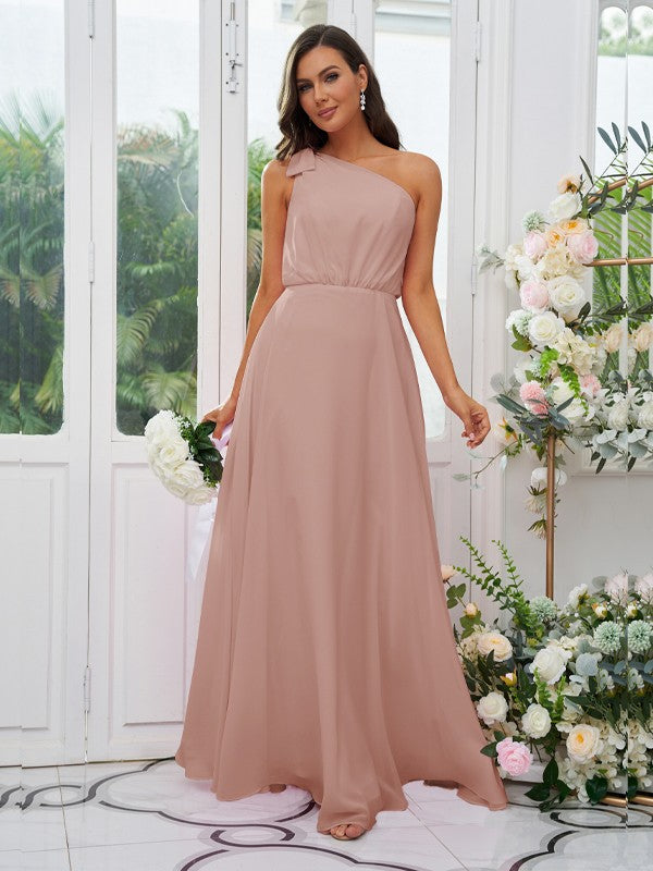 A-Line/Princess Chiffon Bowknot One-Shoulder Sleeveless Floor-Length Bridesmaid Dresses Evening Dress