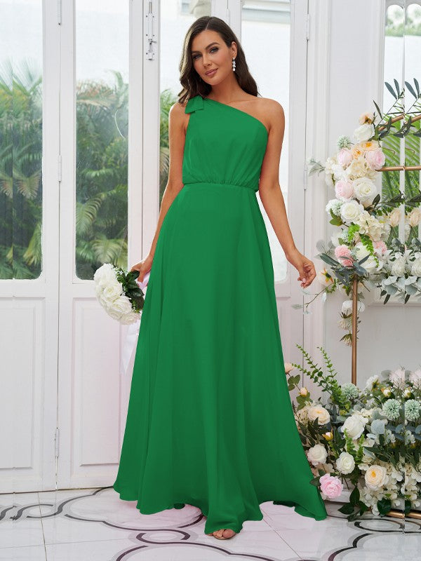A-Line/Princess Chiffon Bowknot One-Shoulder Sleeveless Floor-Length Bridesmaid Dresses Evening Dress