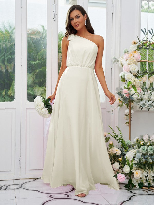 A-Line/Princess Chiffon Bowknot One-Shoulder Sleeveless Floor-Length Bridesmaid Dresses Evening Dress