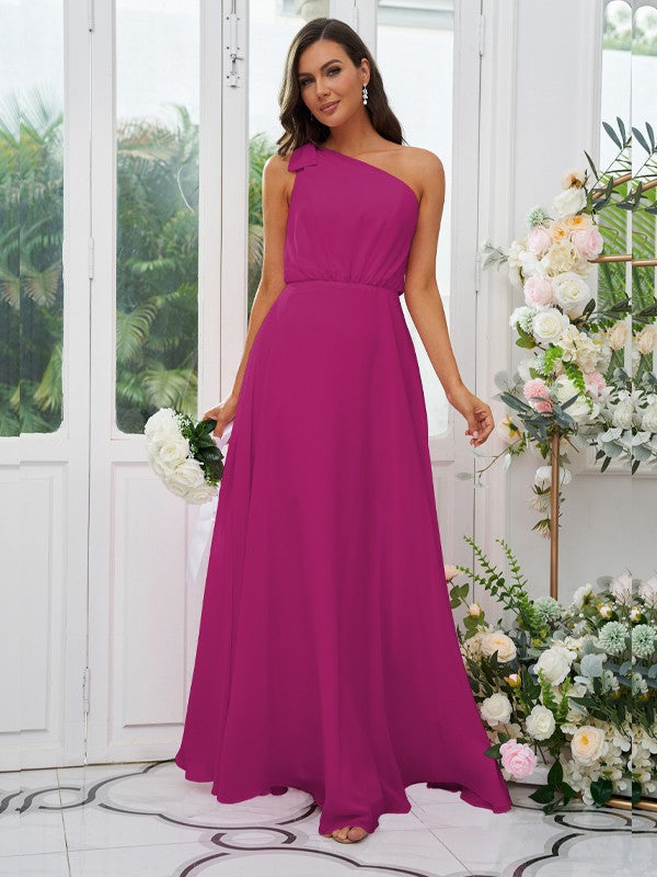 A-Line/Princess Chiffon Bowknot One-Shoulder Sleeveless Floor-Length Bridesmaid Dresses Evening Dress