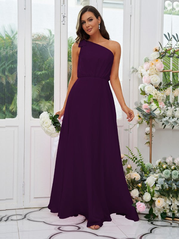 A-Line/Princess Chiffon Bowknot One-Shoulder Sleeveless Floor-Length Bridesmaid Dresses Evening Dress