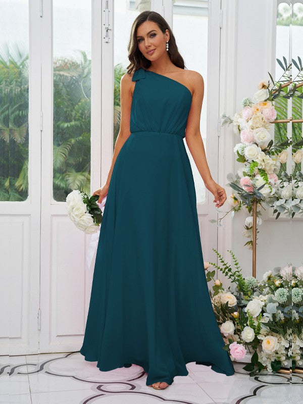 A-Line/Princess Chiffon Bowknot One-Shoulder Sleeveless Floor-Length Bridesmaid Dresses Evening Dress