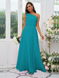 A-Line/Princess Chiffon Bowknot One-Shoulder Sleeveless Floor-Length Bridesmaid Dresses Evening Dress