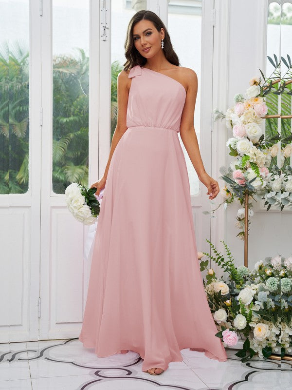 A-Line/Princess Chiffon Bowknot One-Shoulder Sleeveless Floor-Length Bridesmaid Dresses Evening Dress
