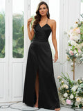 A-Line/Princess Silk like Satin Ruched V-neck Sleeveless Floor-Length Bridesmaid Dresses Evening Prom Dress