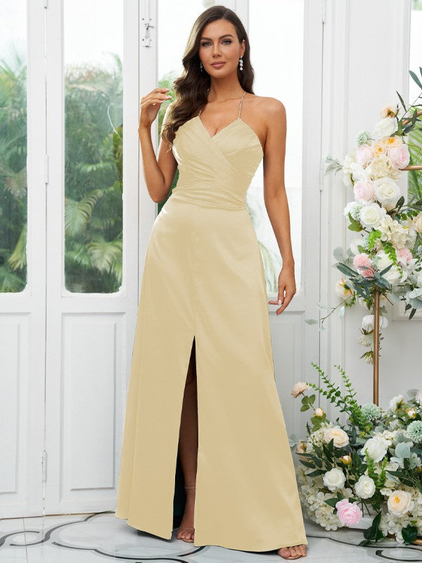 A-Line/Princess Silk like Satin Ruched V-neck Sleeveless Floor-Length Bridesmaid Dresses Evening Prom Dress