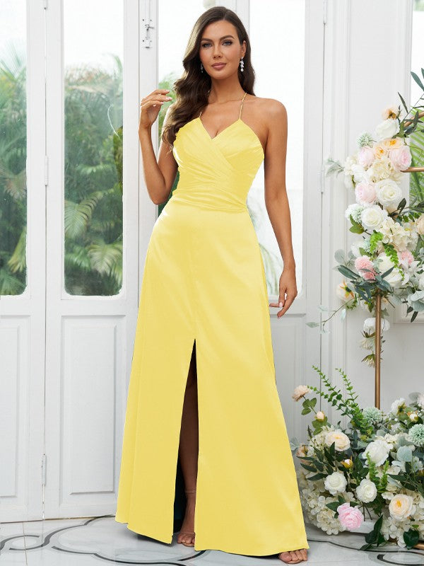A-Line/Princess Silk like Satin Ruched V-neck Sleeveless Floor-Length Bridesmaid Dresses Evening Prom Dress