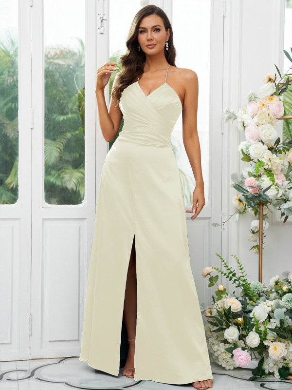 A-Line/Princess Silk like Satin Ruched V-neck Sleeveless Floor-Length Bridesmaid Dresses Evening Prom Dress