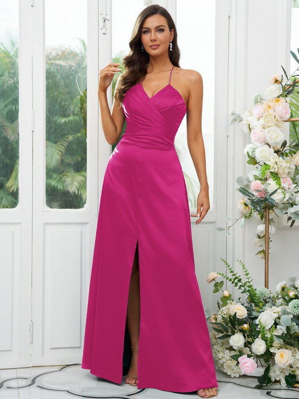 A-Line/Princess Silk like Satin Ruched V-neck Sleeveless Floor-Length Bridesmaid Dresses Evening Prom Dress