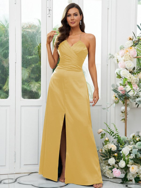 A-Line/Princess Silk like Satin Ruched V-neck Sleeveless Floor-Length Bridesmaid Dresses Evening Prom Dress