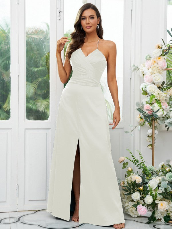 A-Line/Princess Silk like Satin Ruched V-neck Sleeveless Floor-Length Bridesmaid Dresses Evening Prom Dress