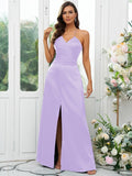A-Line/Princess Silk like Satin Ruched V-neck Sleeveless Floor-Length Bridesmaid Dresses Evening Prom Dress