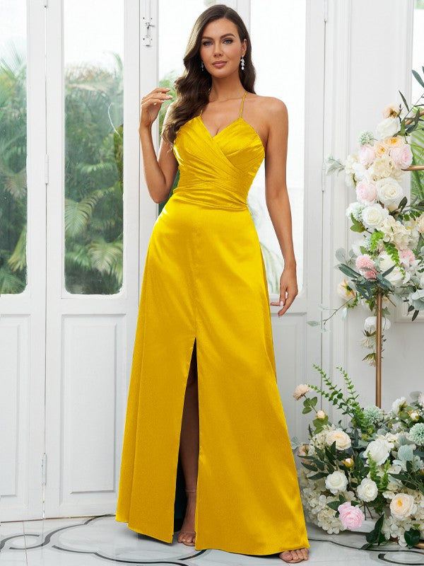 A-Line/Princess Silk like Satin Ruched V-neck Sleeveless Floor-Length Bridesmaid Dresses Evening Prom Dress