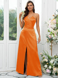 A-Line/Princess Silk like Satin Ruched V-neck Sleeveless Floor-Length Bridesmaid Dresses Evening Prom Dress