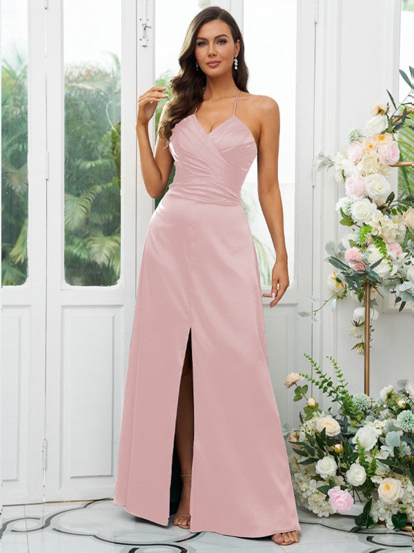A-Line/Princess Silk like Satin Ruched V-neck Sleeveless Floor-Length Bridesmaid Dresses Evening Prom Dress