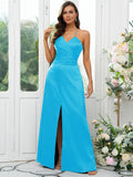 A-Line/Princess Silk like Satin Ruched V-neck Sleeveless Floor-Length Bridesmaid Dresses Evening Prom Dress