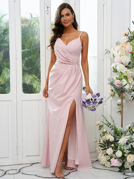 A-Line/Princess Stretch Crepe Ruched V-neck Sleeveless Floor-Length Bridesmaid Dresses Evening Dress
