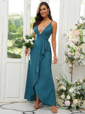 A-Line/Princess Silk like Satin Ruffles V-neck Sleeveless Floor-Length Bridesmaid Dresses Prom Dress