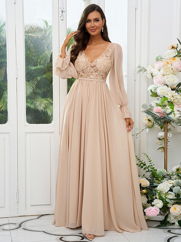 A-Line/Princess Chiffon Lace V-neck Long Sleeves Sweep/Brush Train Bridesmaid Dresses Evening Mother of the Bride Dress