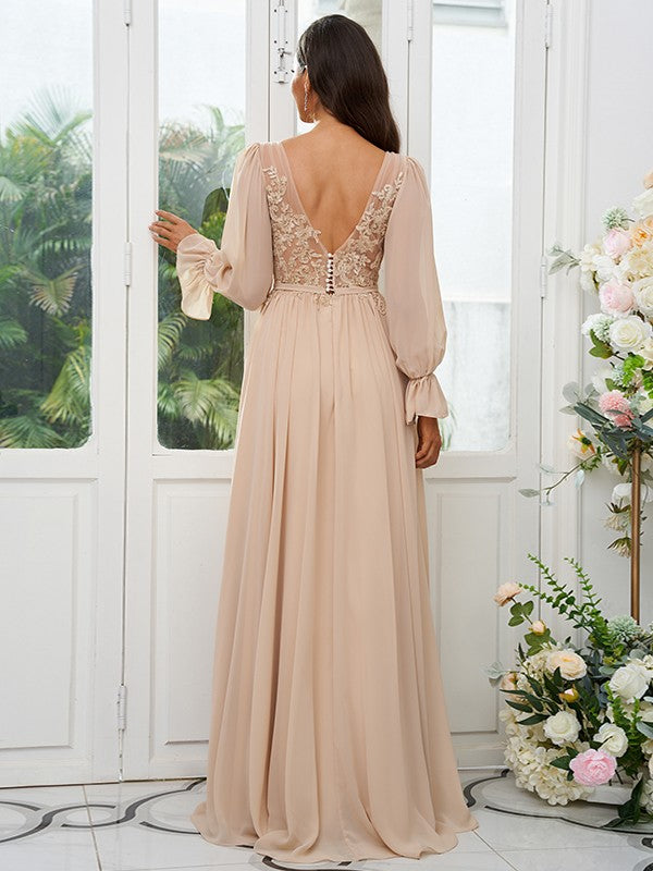 A-Line/Princess Chiffon Lace V-neck Long Sleeves Sweep/Brush Train Bridesmaid Dresses Evening Mother of the Bride Dress