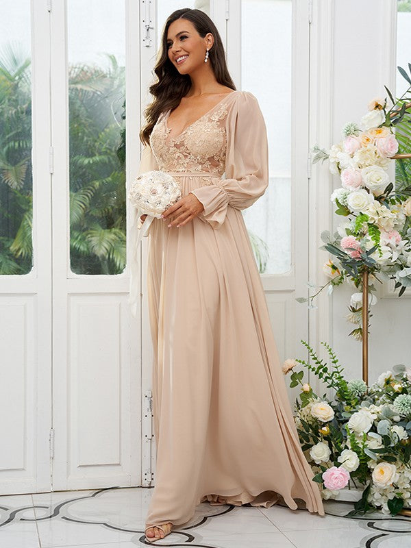 A-Line/Princess Chiffon Lace V-neck Long Sleeves Sweep/Brush Train Bridesmaid Dresses Evening Mother of the Bride Dress