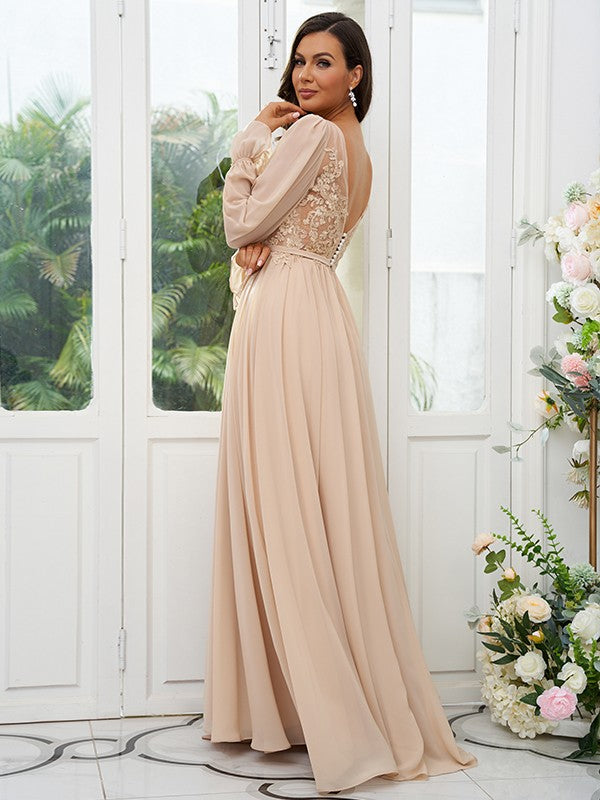 A-Line/Princess Chiffon Lace V-neck Long Sleeves Sweep/Brush Train Bridesmaid Dresses Evening Mother of the Bride Dress