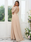A-Line/Princess Chiffon Lace V-neck Long Sleeves Sweep/Brush Train Bridesmaid Dresses Evening Mother of the Bride Dress
