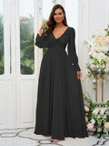 A-Line/Princess Chiffon Lace V-neck Long Sleeves Sweep/Brush Train Bridesmaid Dresses Evening Mother of the Bride Dress
