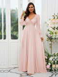 A-Line/Princess Chiffon Lace V-neck Long Sleeves Sweep/Brush Train Bridesmaid Dresses Evening Mother of the Bride Dress