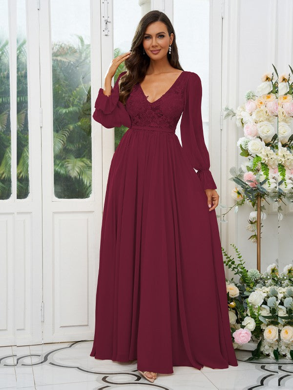 A-Line/Princess Chiffon Lace V-neck Long Sleeves Sweep/Brush Train Bridesmaid Dresses Evening Mother of the Bride Dress