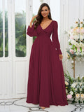 A-Line/Princess Chiffon Lace V-neck Long Sleeves Sweep/Brush Train Bridesmaid Dresses Evening Mother of the Bride Dress