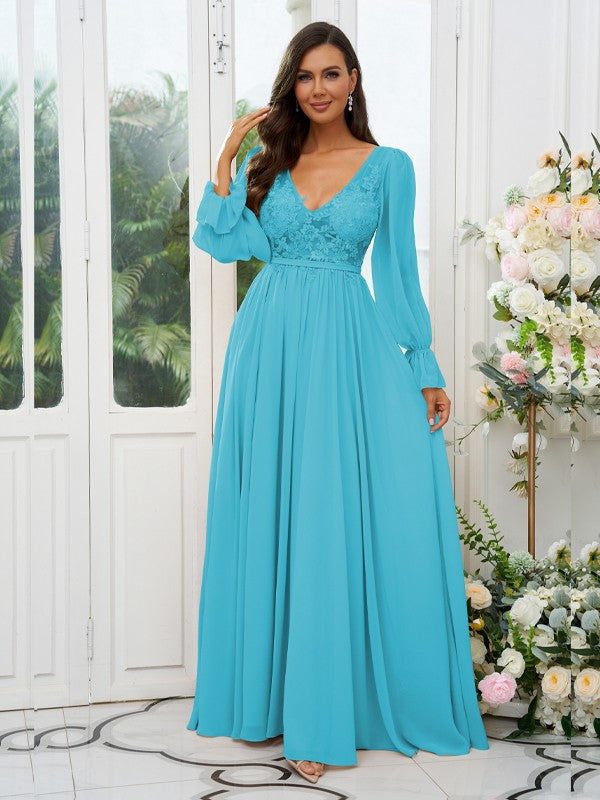 A-Line/Princess Chiffon Lace V-neck Long Sleeves Sweep/Brush Train Bridesmaid Dresses Evening Mother of the Bride Dress