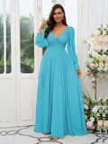 A-Line/Princess Chiffon Lace V-neck Long Sleeves Sweep/Brush Train Bridesmaid Dresses Evening Mother of the Bride Dress