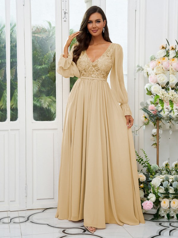 A-Line/Princess Chiffon Lace V-neck Long Sleeves Sweep/Brush Train Bridesmaid Dresses Evening Mother of the Bride Dress