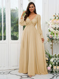 A-Line/Princess Chiffon Lace V-neck Long Sleeves Sweep/Brush Train Bridesmaid Dresses Evening Mother of the Bride Dress