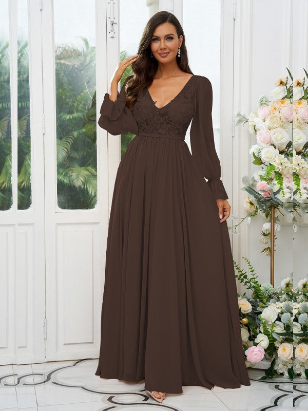 A-Line/Princess Chiffon Lace V-neck Long Sleeves Sweep/Brush Train Bridesmaid Dresses Evening Mother of the Bride Dress