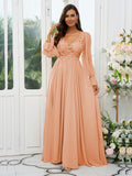 A-Line/Princess Chiffon Lace V-neck Long Sleeves Sweep/Brush Train Bridesmaid Dresses Evening Mother of the Bride Dress