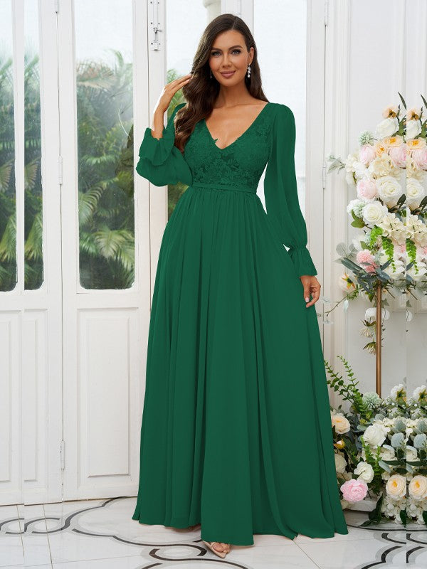 A-Line/Princess Chiffon Lace V-neck Long Sleeves Sweep/Brush Train Bridesmaid Dresses Evening Mother of the Bride Dress