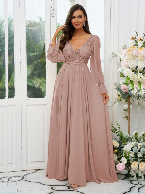A-Line/Princess Chiffon Lace V-neck Long Sleeves Sweep/Brush Train Bridesmaid Dresses Evening Mother of the Bride Dress
