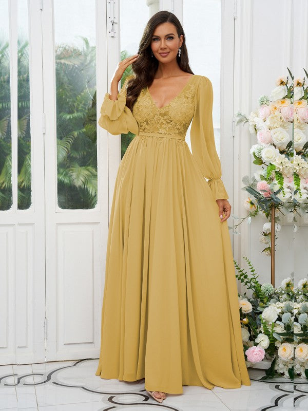 A-Line/Princess Chiffon Lace V-neck Long Sleeves Sweep/Brush Train Bridesmaid Dresses Evening Mother of the Bride Dress
