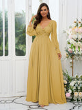 A-Line/Princess Chiffon Lace V-neck Long Sleeves Sweep/Brush Train Bridesmaid Dresses Evening Mother of the Bride Dress