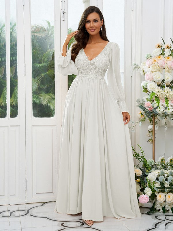A-Line/Princess Chiffon Lace V-neck Long Sleeves Sweep/Brush Train Bridesmaid Dresses Evening Mother of the Bride Dress