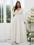 A-Line/Princess Chiffon Lace V-neck Long Sleeves Sweep/Brush Train Bridesmaid Dresses Evening Mother of the Bride Dress